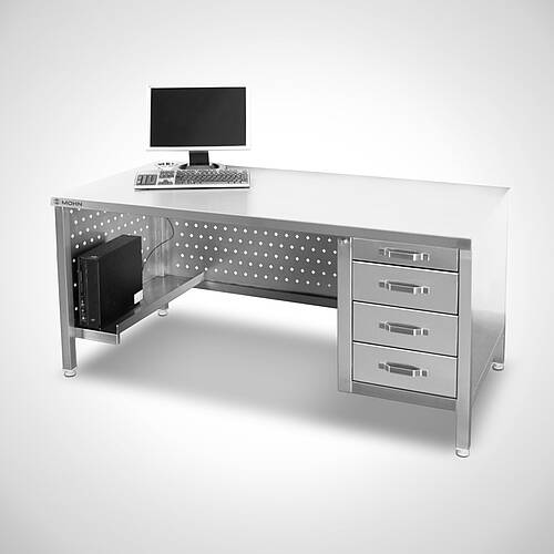 Schreibtisch Typ AT-U/STR ohne hintere Aufkantung sowie Schubladenstock rechts- und PC-Halterung linksseitig 