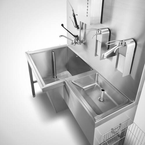 Teilewaschplatz Typ TW-G/S 150-70 SON mit Sensor-Handwaschbecken rechtsseitig sowie optionalen Armaturen und Spendern, Art-Nr. 12.00.00.65