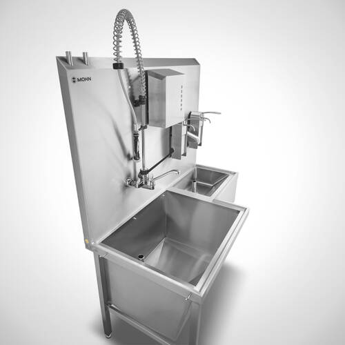 Teilewaschplatz Typ TW-G/S 150-70 SON mit Sensor-Handwaschbecken rechtsseitig sowie optionalen Armaturen und Spendern, Art-Nr. 12.00.00.65 