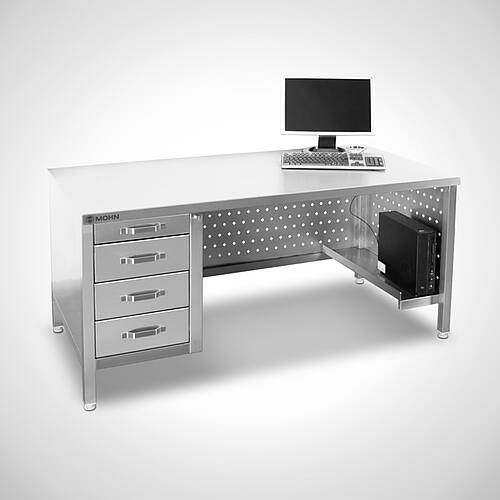 Schreibtisch Typ AT-U/ STL ohne hintere Aufkantung sowie Schubladenstock links- und PC-Halterung rechtsseitig