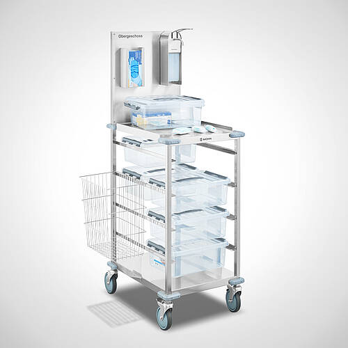 Stations- und Pflegewagen aus rostfreiem Edelstahl zur Patientenversorgung mit Kunststoffboxen | Mohn GmbH