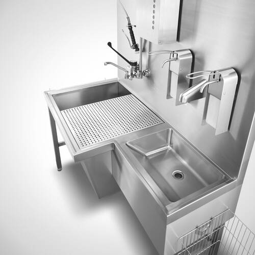 Teilewaschplatz Typ TW-G/S 150-70 SON mit Sensor-Handwaschbecken rechtsseitig sowie optionalen Armaturen und Spendern, Art-Nr. 12.00.00.65 