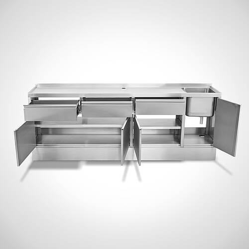 Edelstahl-Spülschrank Sonderanfertigung mit Schubladen, Flügeltüren, 1 Becken und Sockelleiste, ID 21-63749.8 