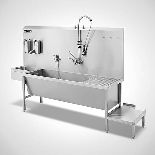 Teilewaschplatz Typ TW-G/S 270-75 mit Sensor-Handwaschbecken linksseitig sowie optionalen Armaturen und Spendern (ID 18-60028) 